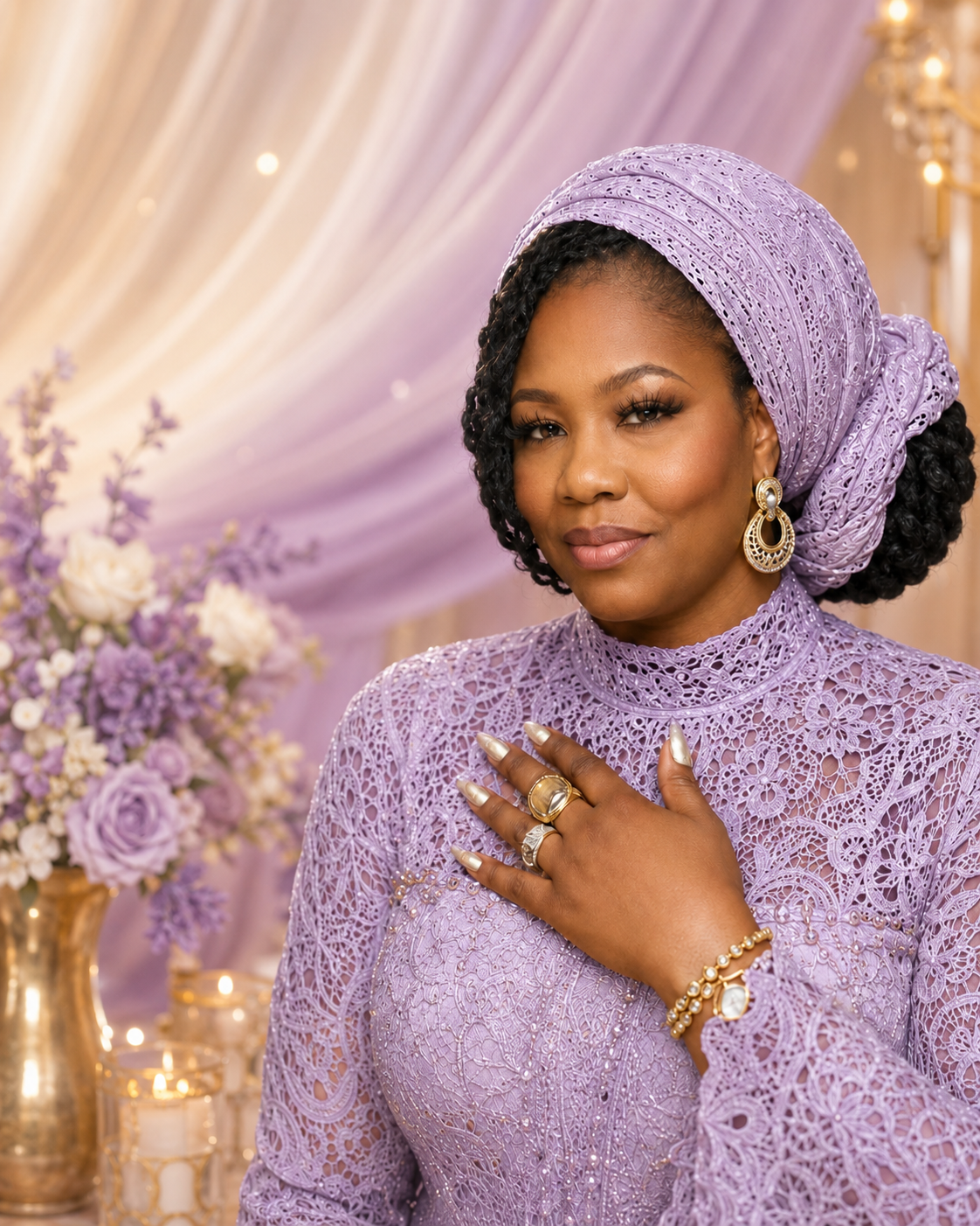 Candice Hibler Robinson in a lavender lace gown and headwrap